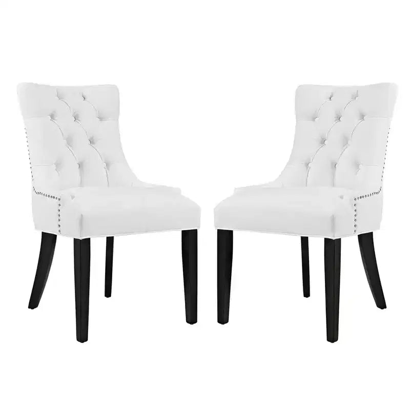 Set of 2 Dining Side Chair Vinyl White: Tufted, Nailhead Trim, Padded, Wood Legs