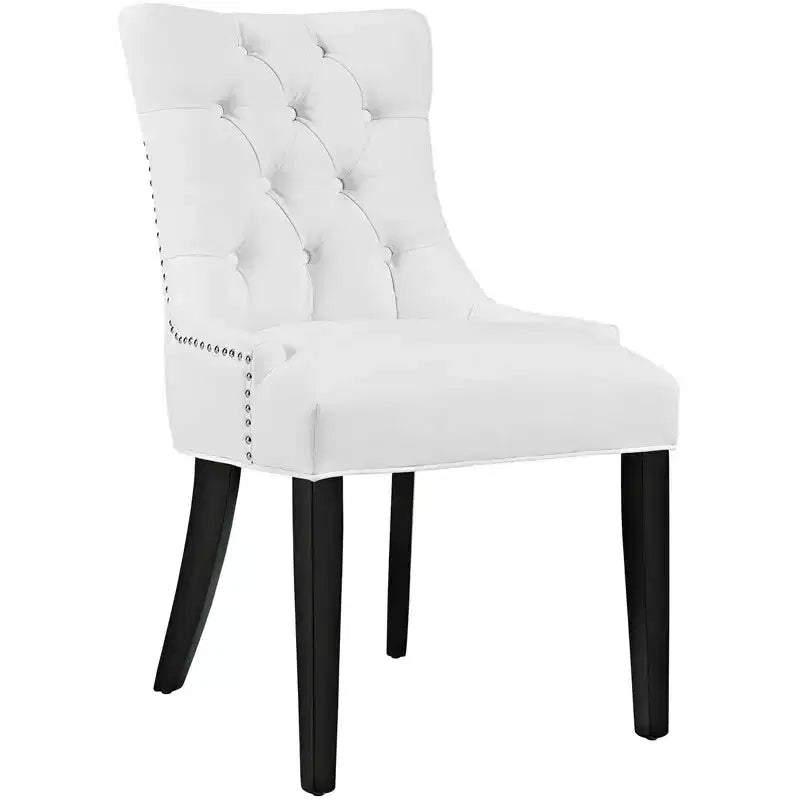 Set of 2 Dining Side Chair Vinyl White: Tufted, Nailhead Trim, Padded, Wood Legs