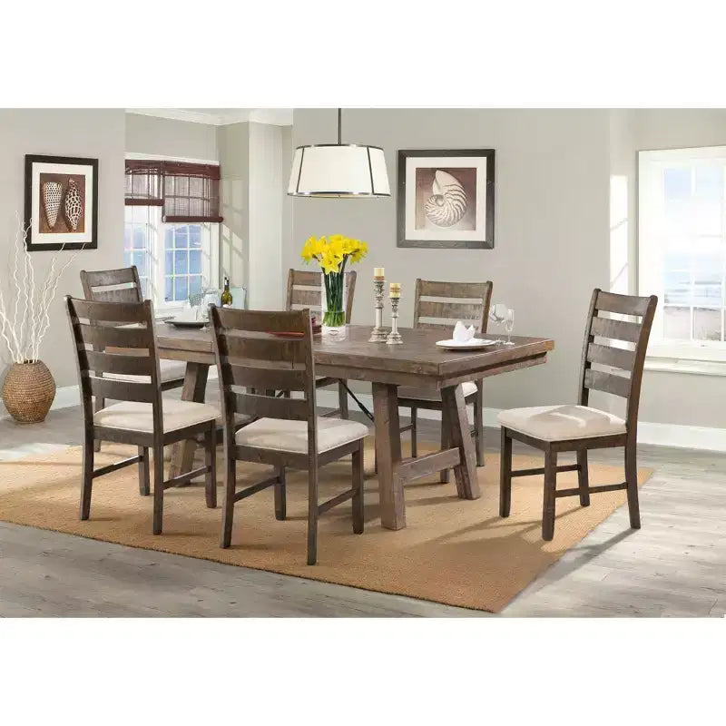 Ladder Back Side Chair Set Walnut Brown /Cream Upholstery