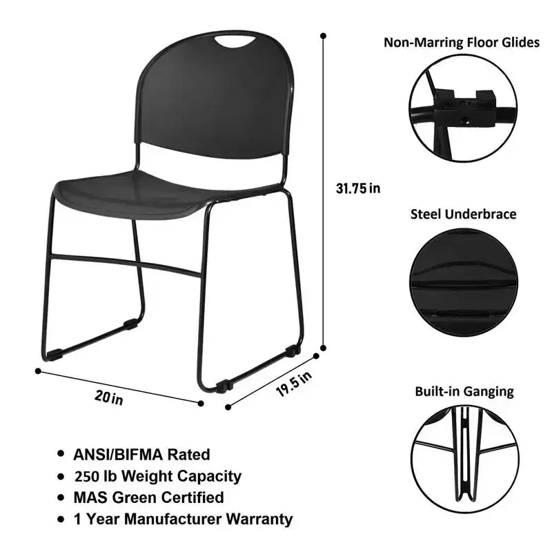 2pk Multi Purpose Ultra Compact Stack Chair Black: Sled Base, Polypropylene, No Assembly Required