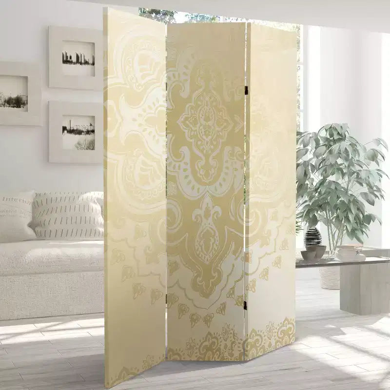 6" Double Sided Mandala Pattern Canvas Room Divider Ivory: Adjustable 3-Panel Biombo, Spruce Wood Frame