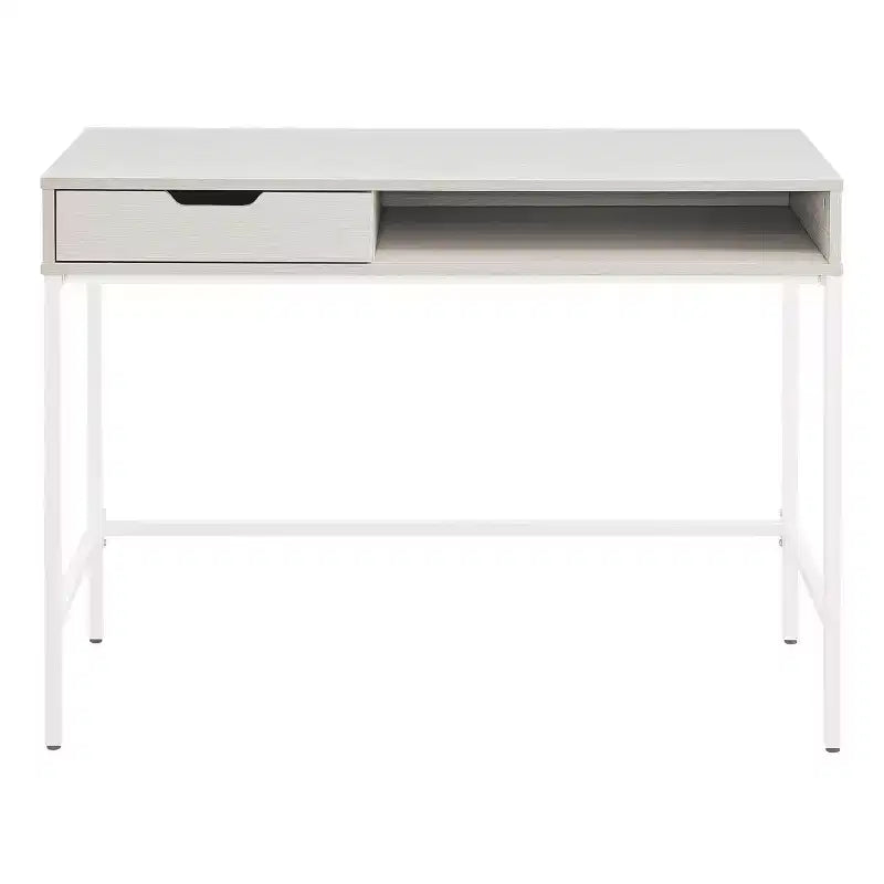 40" Desk with Drawer and Shelf White Oak: Sturdy Steel Frame, MDF Surface