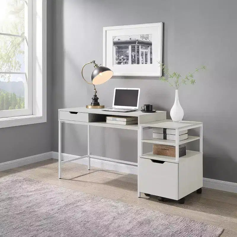 40" Desk with Drawer and Shelf White Oak: Sturdy Steel Frame, MDF Surface