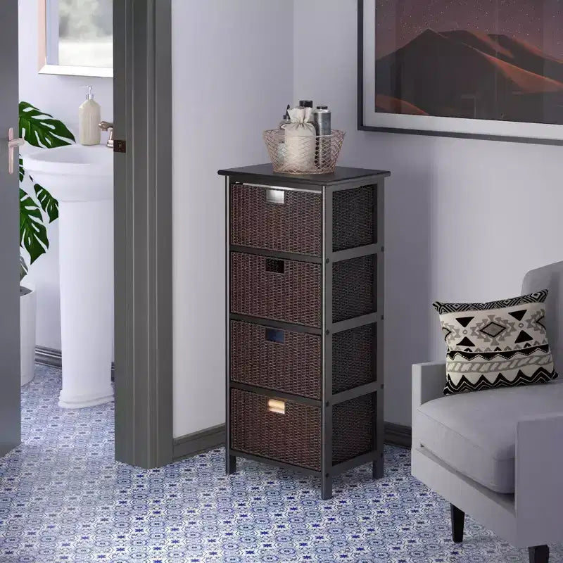 36.81" Storage Rack with Baskets Black: Mid-Century 4-Drawer Tower
