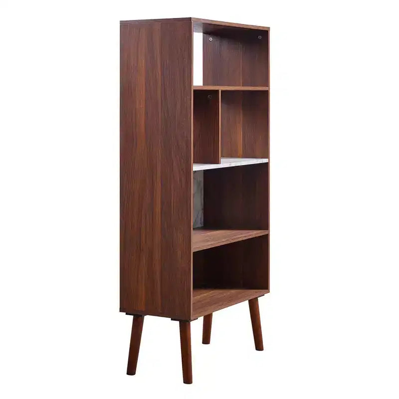 58" Bookshelf with Faux Marble Top Solid Wood Leg Walnut: Mid-Century Storage, 4 Open Shelves