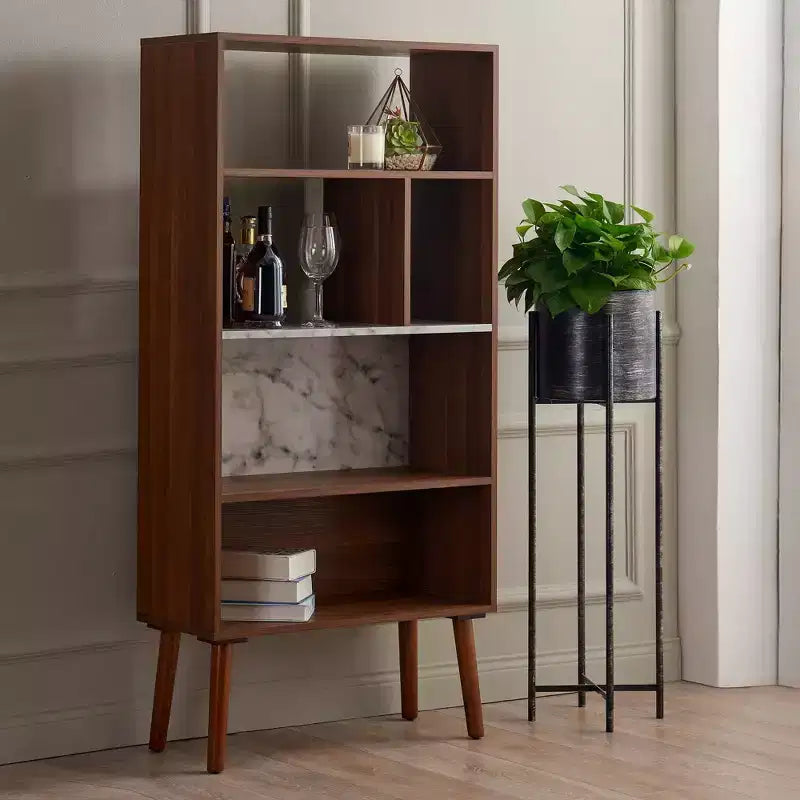 58" Bookshelf with Faux Marble Top Solid Wood Leg Walnut: Mid-Century Storage, 4 Open Shelves
