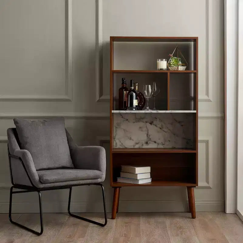 58" Bookshelf with Faux Marble Top Solid Wood Leg Walnut: Mid-Century Storage, 4 Open Shelves