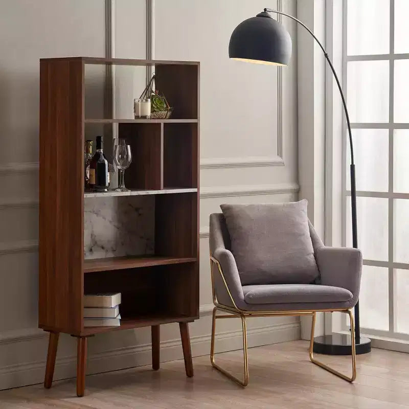 58" Bookshelf with Faux Marble Top Solid Wood Leg Walnut: Mid-Century Storage, 4 Open Shelves