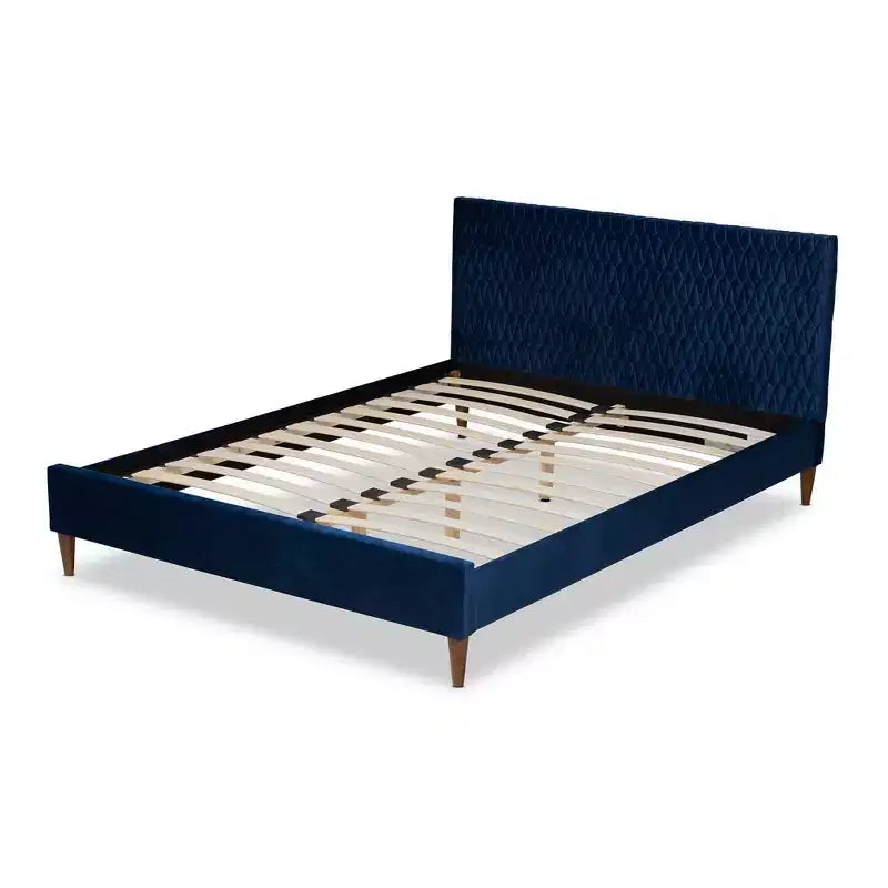 Queen Platform Bed Navy Blue: Mid-Century Design, Tapered Legs, Velvet Upholstery