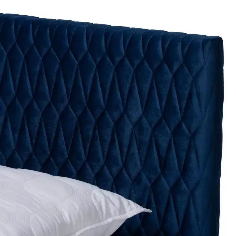 Queen Platform Bed Navy Blue: Mid-Century Design, Tapered Legs, Velvet Upholstery