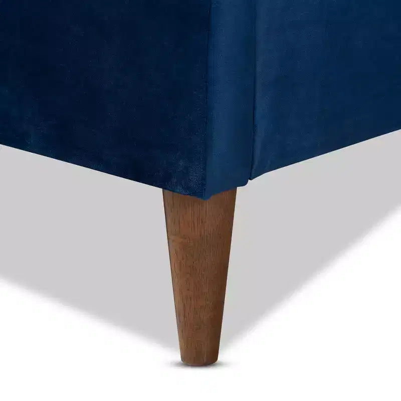 Queen Platform Bed Navy Blue: Mid-Century Design, Tapered Legs, Velvet Upholstery