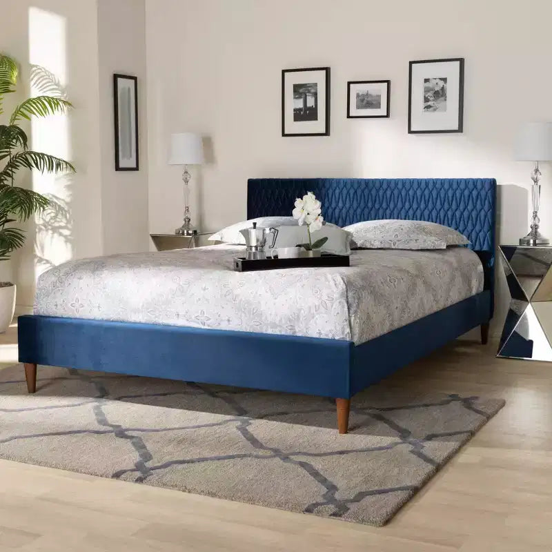 Queen Platform Bed Navy Blue: Mid-Century Design, Tapered Legs, Velvet Upholstery