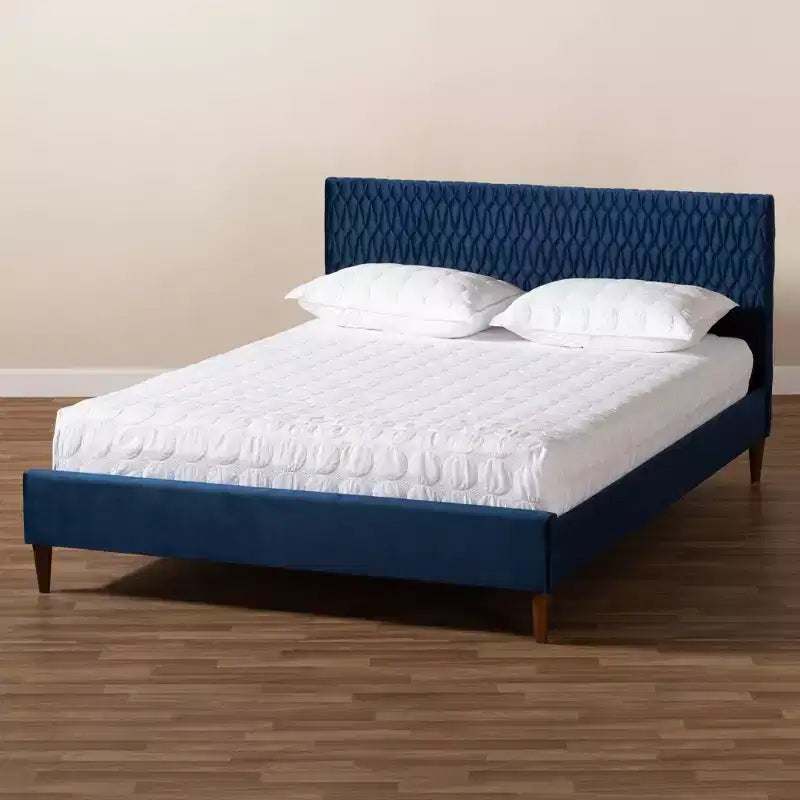Queen Platform Bed Navy Blue: Mid-Century Design, Tapered Legs, Velvet Upholstery