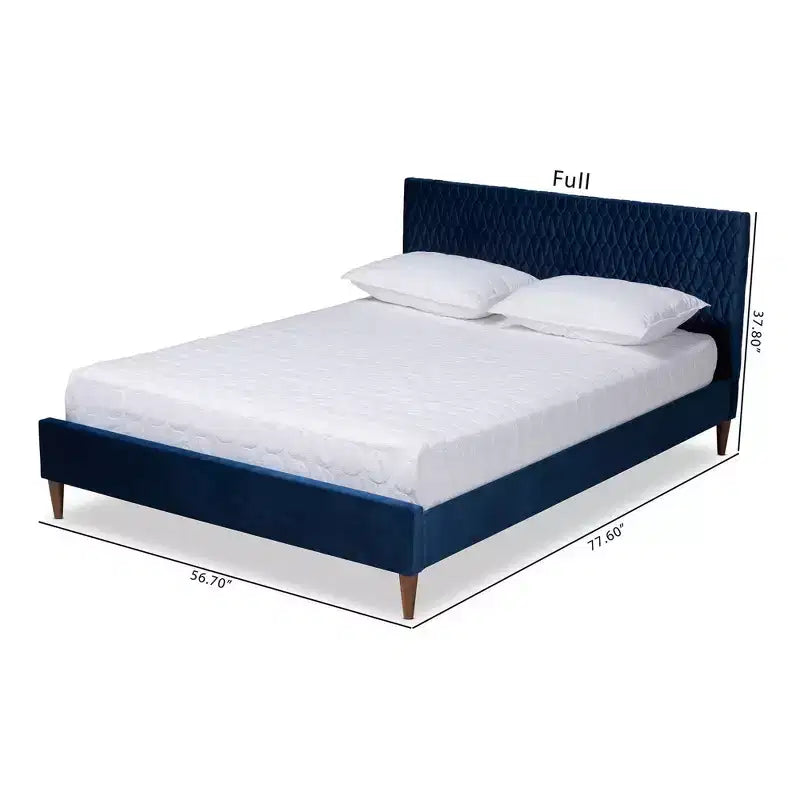 Queen Platform Bed Navy Blue: Mid-Century Design, Tapered Legs, Velvet Upholstery