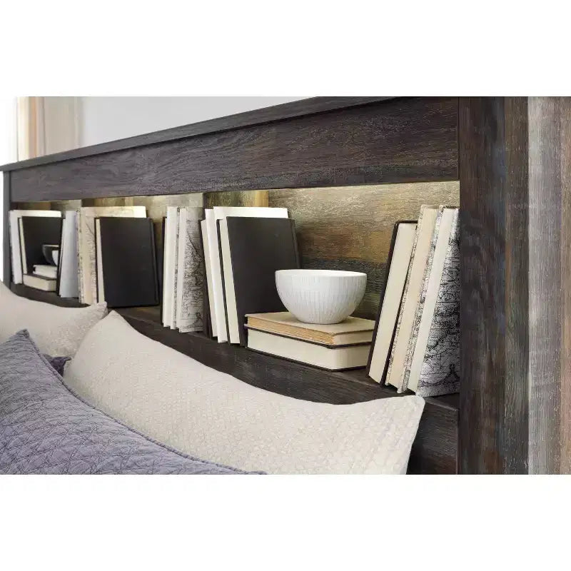 Queen/Full Bookcase Headboard: LED Lighting, Rustic Finish