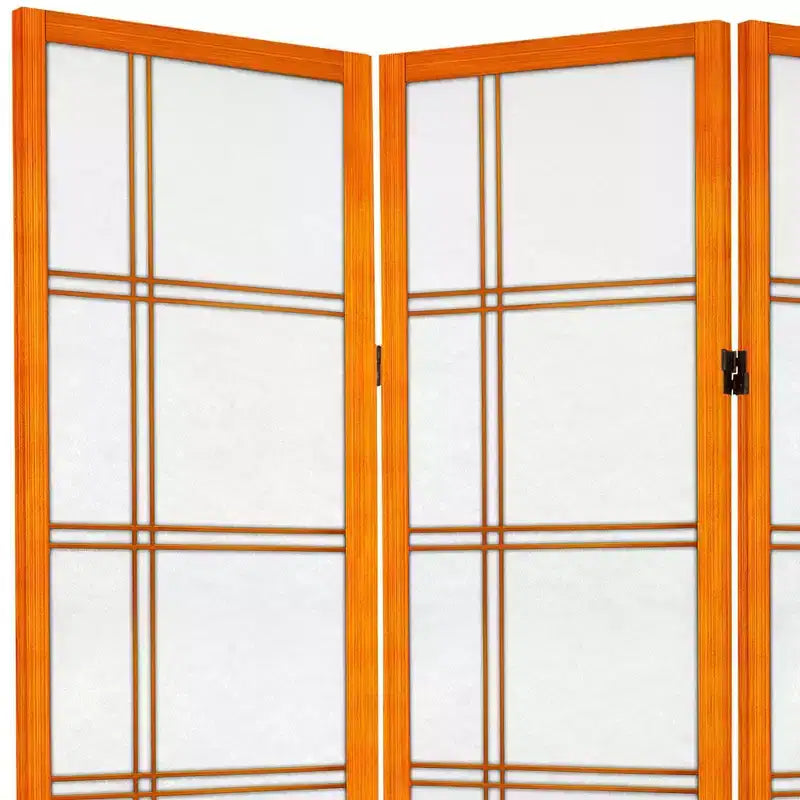6 ft. Tall Canvas Double Cross Room Divider - Honey (4 Panels) Privacy Screen, Hardwood Frame