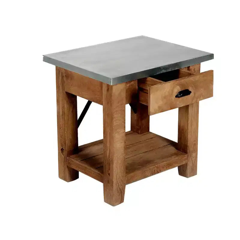 End Table with Drawer: Mid-Century Modern, Brown Hardwood Frame, Silver Metal Tabletop, 22" x 18" x 22"