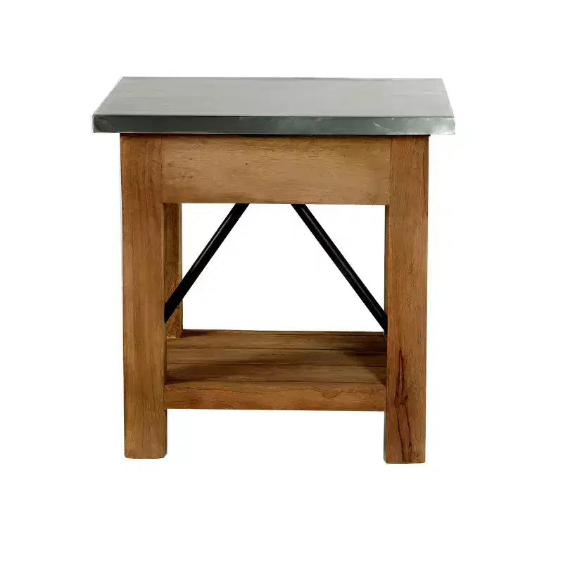 End Table with Drawer: Mid-Century Modern, Brown Hardwood Frame, Silver Metal Tabletop, 22" x 18" x 22"