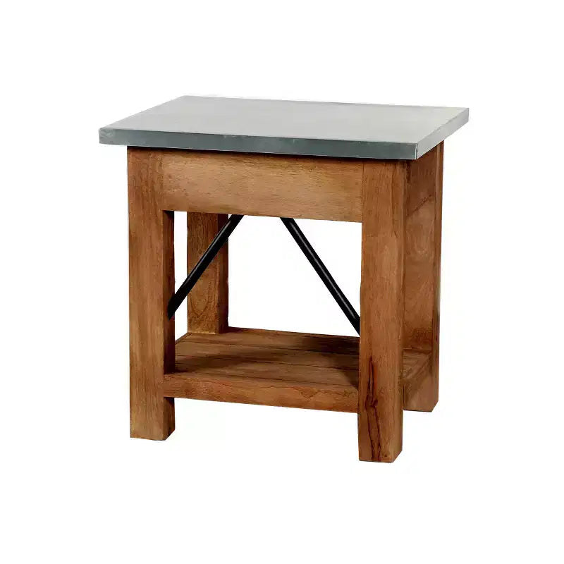 End Table with Drawer: Mid-Century Modern, Brown Hardwood Frame, Silver Metal Tabletop, 22" x 18" x 22"