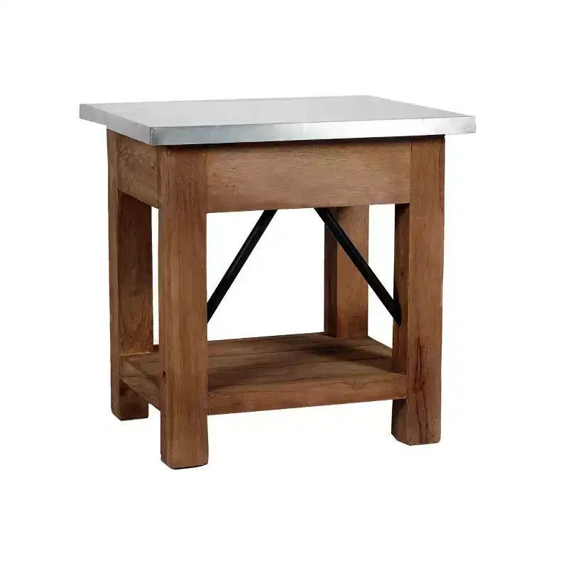 End Table with Drawer: Mid-Century Modern, Brown Hardwood Frame, Silver Metal Tabletop, 22" x 18" x 22"