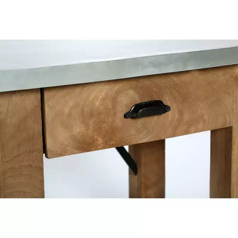 End Table with Drawer: Mid-Century Modern, Brown Hardwood Frame, Silver Metal Tabletop, 22" x 18" x 22"