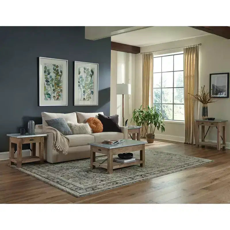 End Table with Drawer: Mid-Century Modern, Brown Hardwood Frame, Silver Metal Tabletop, 22" x 18" x 22"
