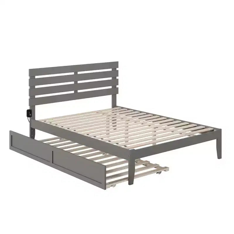 Queen Bed with USB Turbo Charger and XL Trundle Gray: Solid Hardwood, No Box Spring Needed, Mid-Century Design