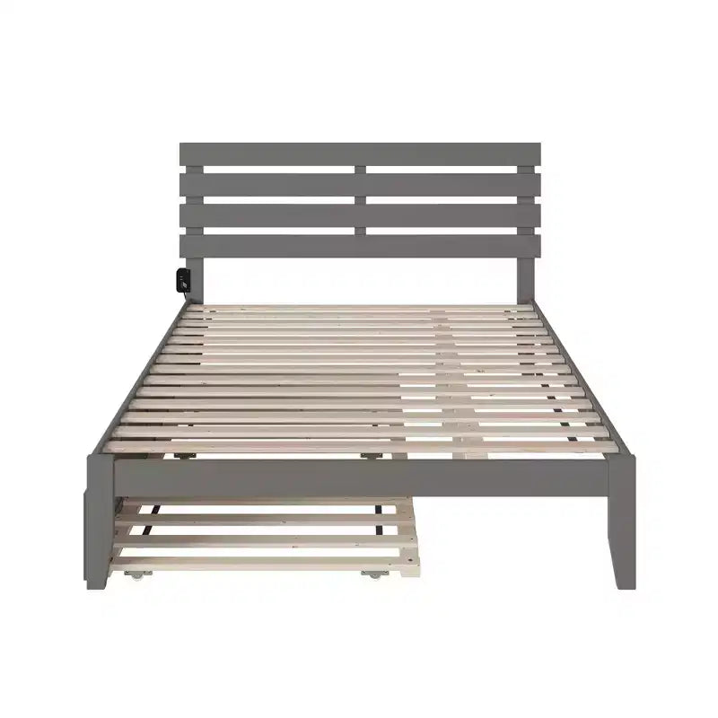 Queen Bed with USB Turbo Charger and XL Trundle Gray: Solid Hardwood, No Box Spring Needed, Mid-Century Design