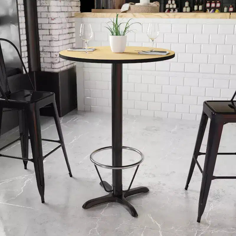 30'' Round Laminate Table Top with 22'' x 22'' Bar Height Table Base and Foot Ring