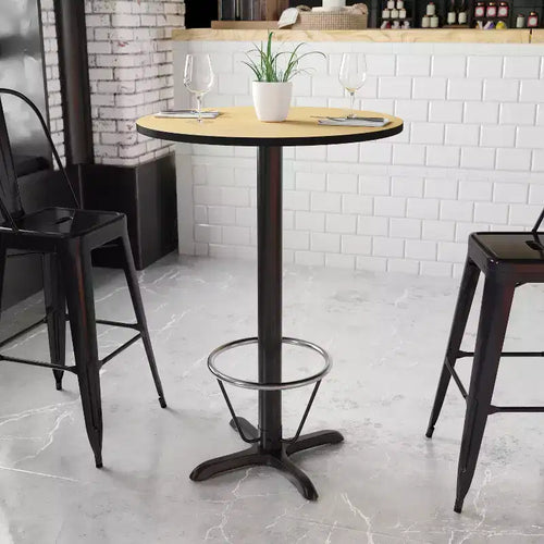 30'' Round Laminate Table Top with 22'' x 22'' Bar Height Table Base and Foot Ring