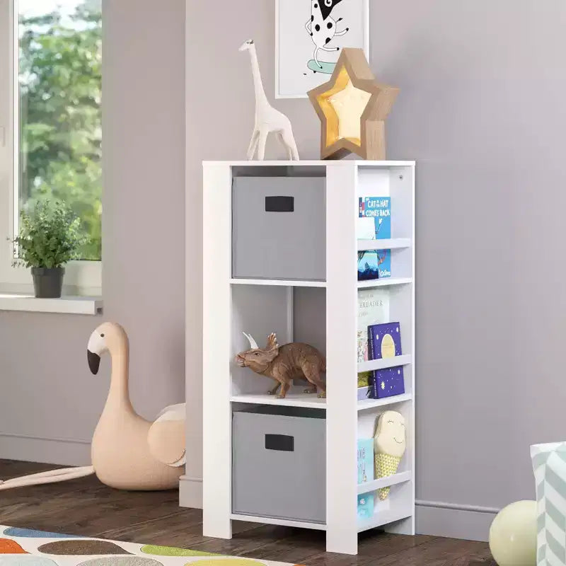 Kids' Bookshelf and Toy Organizer Tower with 3 Cubbies and 6 Bookracks White with 2 Fabric Bins