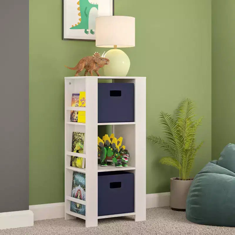 Kids' Bookshelf and Toy Organizer Tower with 3 Cubbies and 6 Bookracks White with 2 Fabric Bins