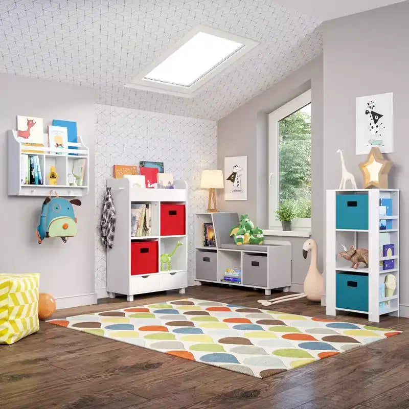 Kids' Bookshelf and Toy Organizer Tower with 3 Cubbies and 6 Bookracks White with 2 Fabric Bins