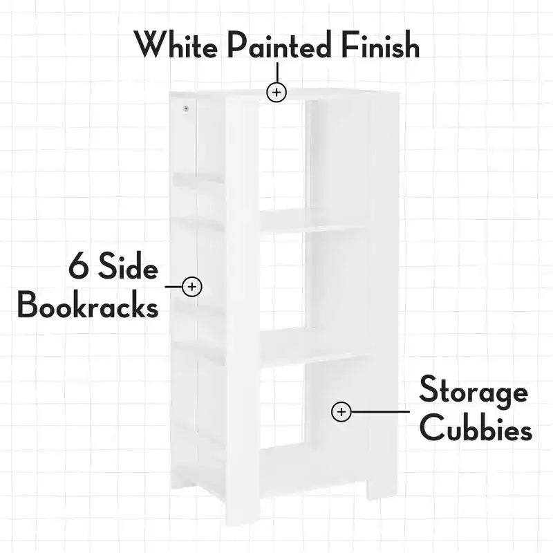 Kids' Bookshelf and Toy Organizer Tower with 3 Cubbies and 6 Bookracks White with 2 Fabric Bins