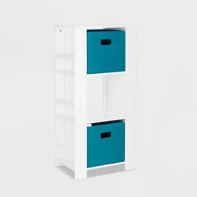 Kids' Bookshelf and Toy Organizer Tower with 3 Cubbies and 6 Bookracks White with 2 Fabric Bins
