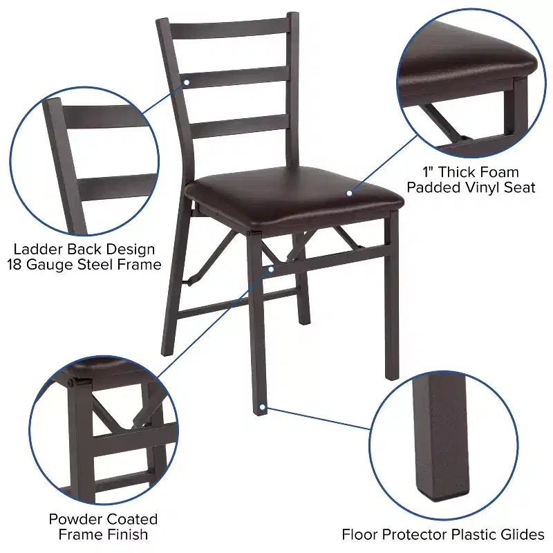 2 Pack Series Brown Folding Ladder Back Metal Chair with Brown Vinyl Seat