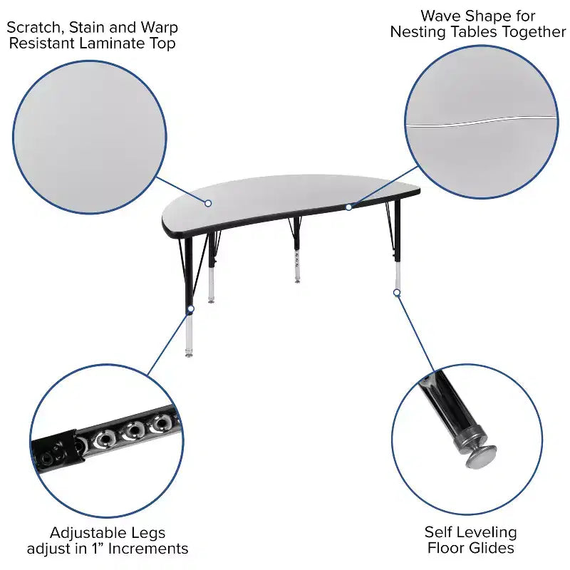 47.5 Half Circle Wave Flexible Collaborative Thermal Laminate Activity Table - Height Adjustable Short Legs