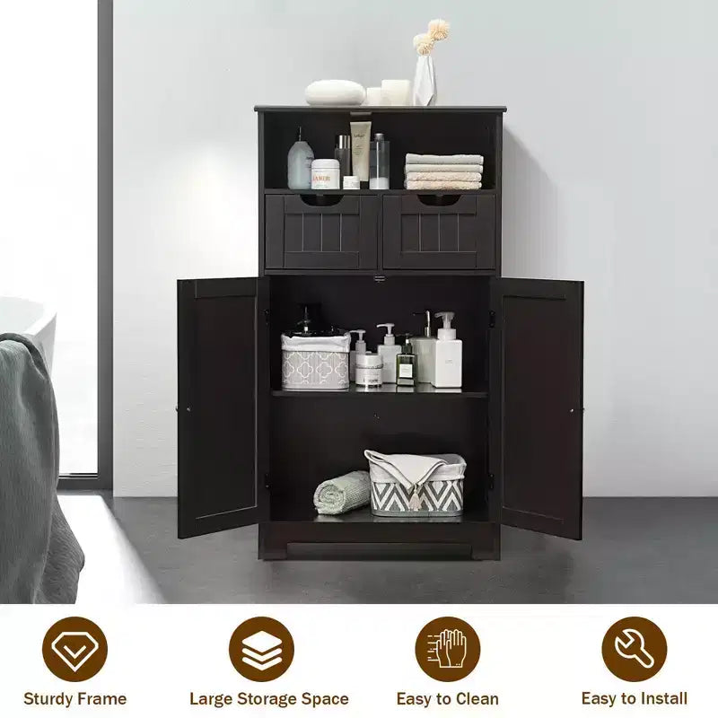 Bathroom Floor Cabinet Wooden Storage Organizer w/Drawer Doors