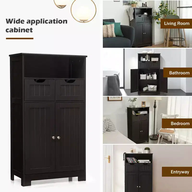 Bathroom Floor Cabinet Wooden Storage Organizer w/Drawer Doors
