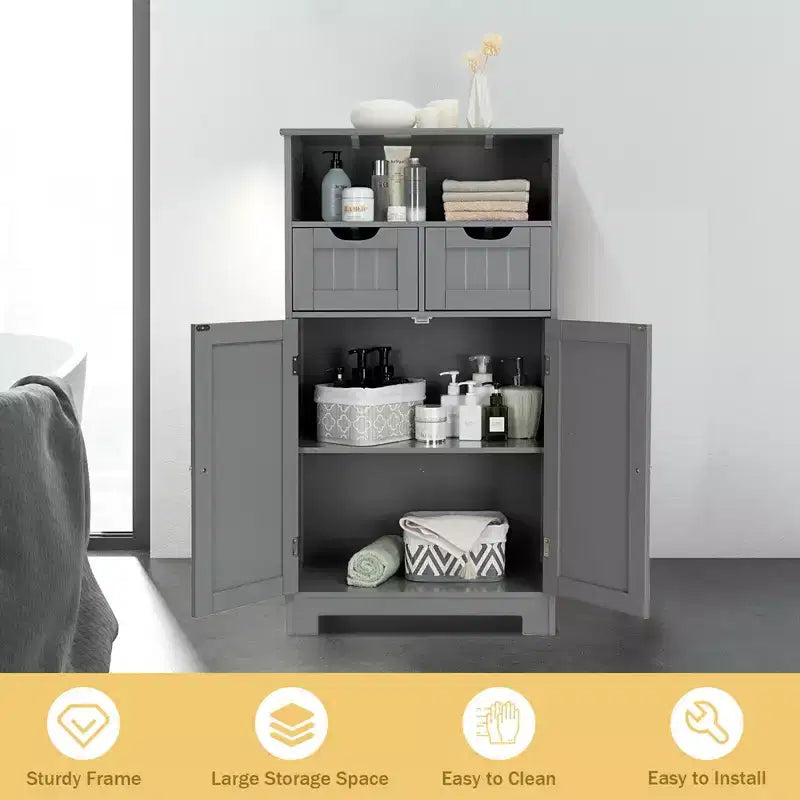 Bathroom Floor Cabinet Wooden Storage Organizer w/Drawer Doors