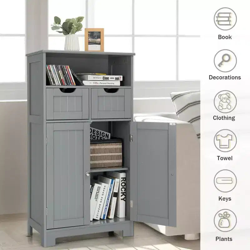 Bathroom Floor Cabinet Wooden Storage Organizer w/Drawer Doors