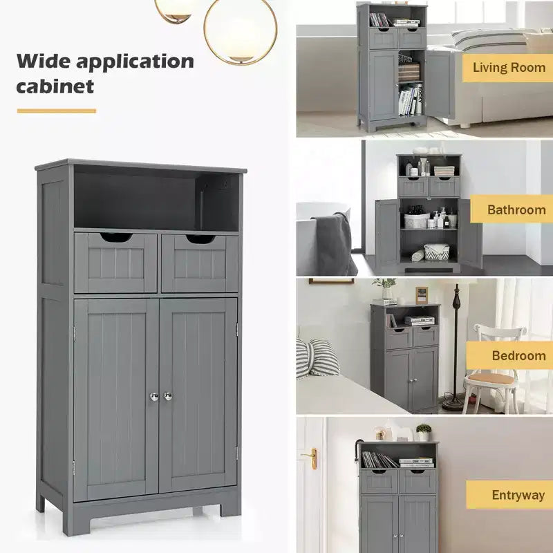Bathroom Floor Cabinet Wooden Storage Organizer w/Drawer Doors