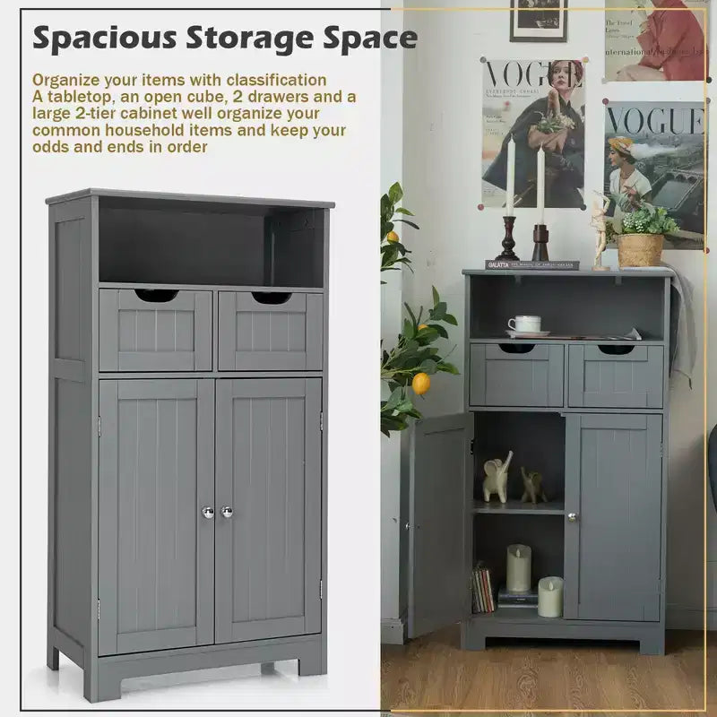 Bathroom Floor Cabinet Wooden Storage Organizer w/Drawer Doors